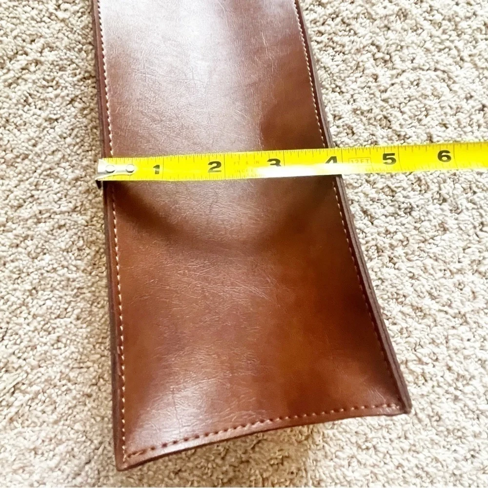 Brown Faux Leather Wine Carrier Tote Bag Top Metal Ring Handle Party Travel